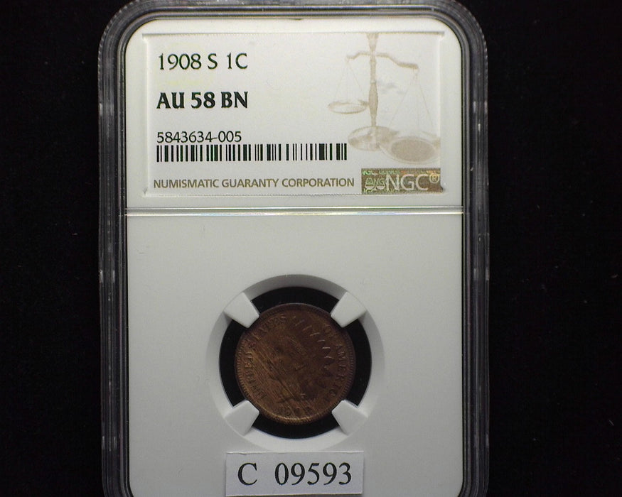 1908 S Indian Head Penny/Cent NGC AU 58 BN - US Coin