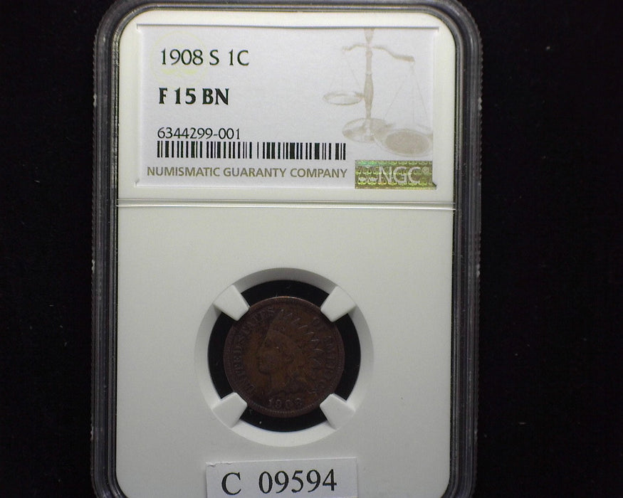 1908 S Indian Head Penny/Cent NGC F 15 BN - US Coin