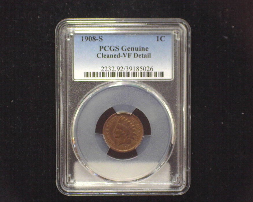 1908 S Indian Head Penny/Cent PCGS Genuine Cleaned VF Detail - US Coin