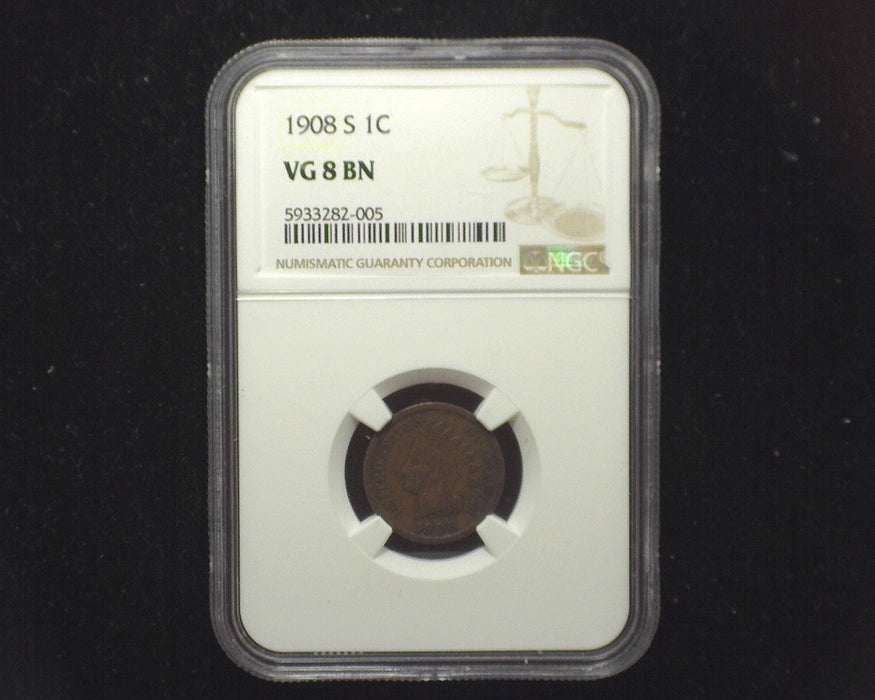 1908 S Indian Head Penny/Cent NGC VG 8 BN- US Coin