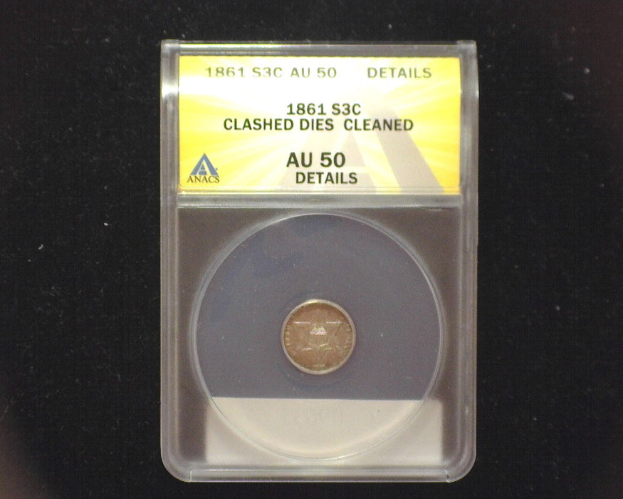 1861 Three Cent Silver Clashed Dies ANACS Cleaned AU50 - US Coin