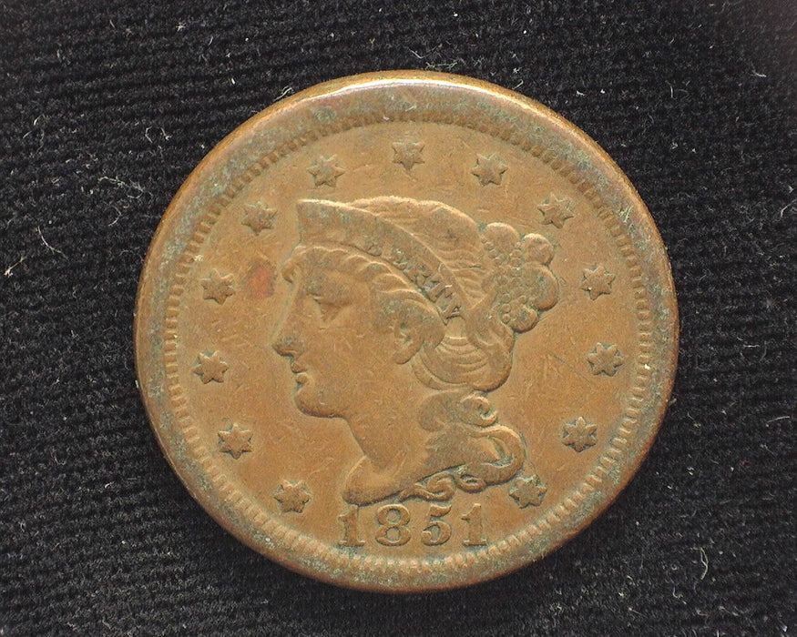 1851 Large Cent Braided Hair Cent F - US Coin