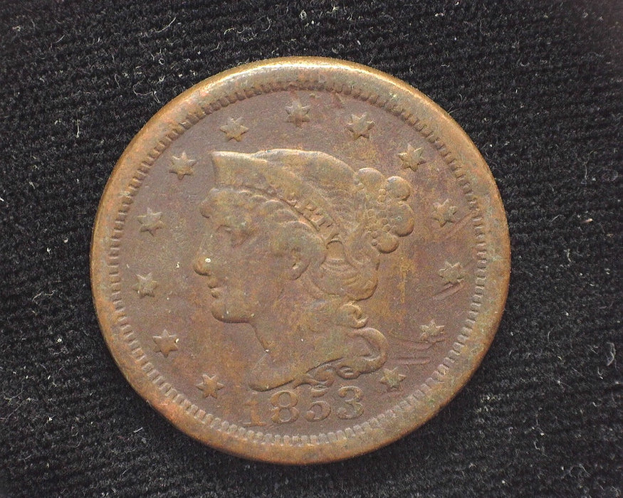 1853 Large Cent Braided Hair Cent F Shallow digs - US Coin