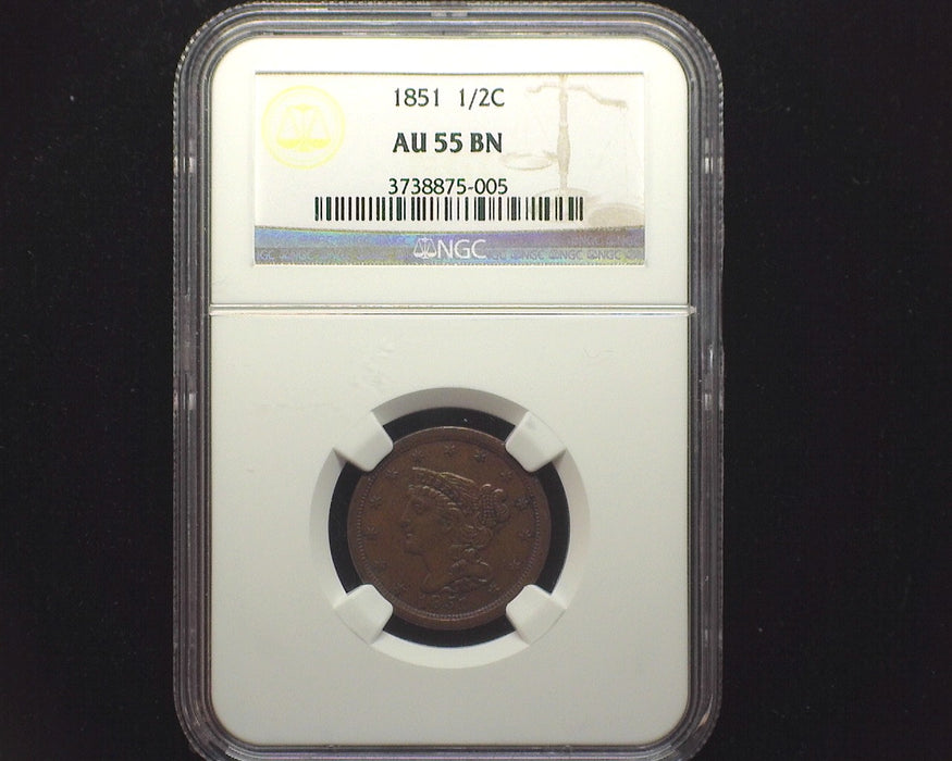 1851 Braided Hair Half Cent Brown AU55 NGC - US Coin