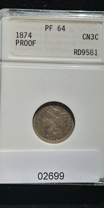 1874 Three Cent Nickel Proof ANACS PF-64 - US Coin