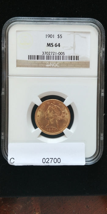 1901 $5 Gold Liberty Head Five Dollar NGC MS-64 - US Coin