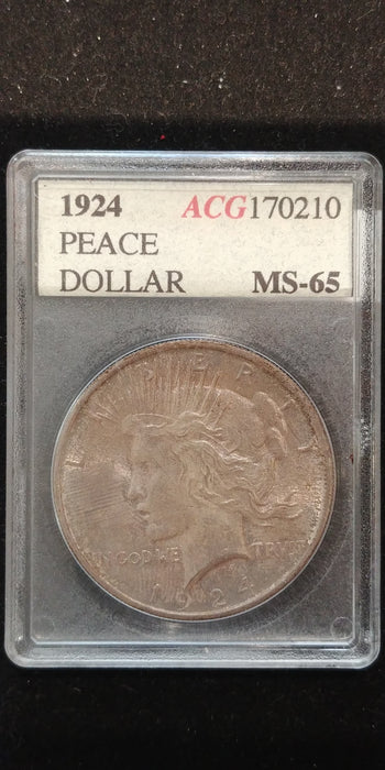 1924 Peace Dollar ACCUGRADE MS-65 Nicely toned. - US Coin