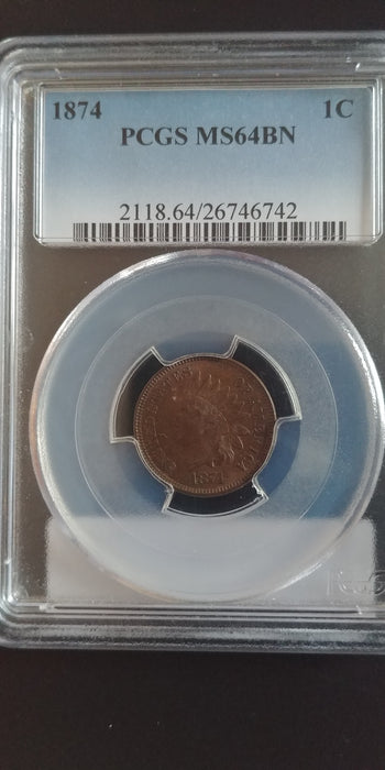 1874 Indian Head Penny/Cent PCGS MS64 BN - US Coin