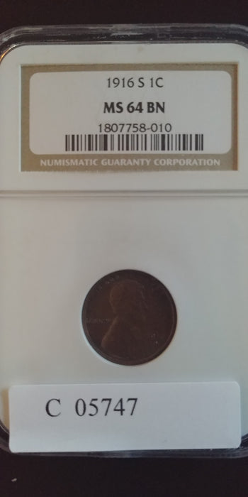 1916 S Lincoln Wheat Penny/Cent NGC MS-64 BN - US Coin