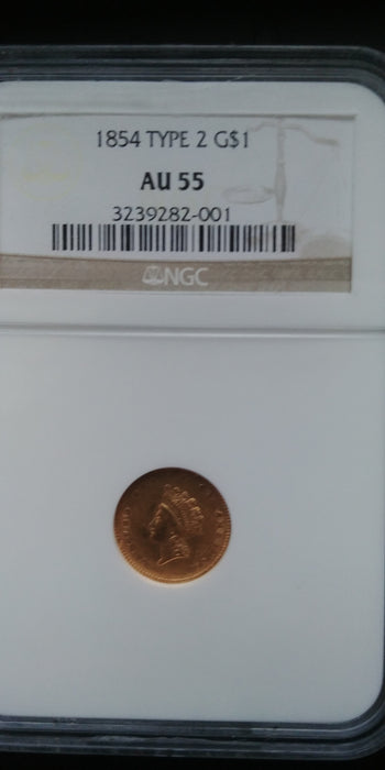 1854 Type 2 Gold Dollar NGC AU55 - US Coin