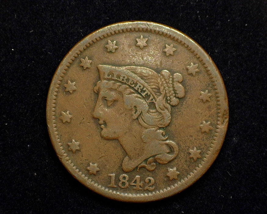 1842 Large Cent Braided Hair Cent F Large date - US Coin