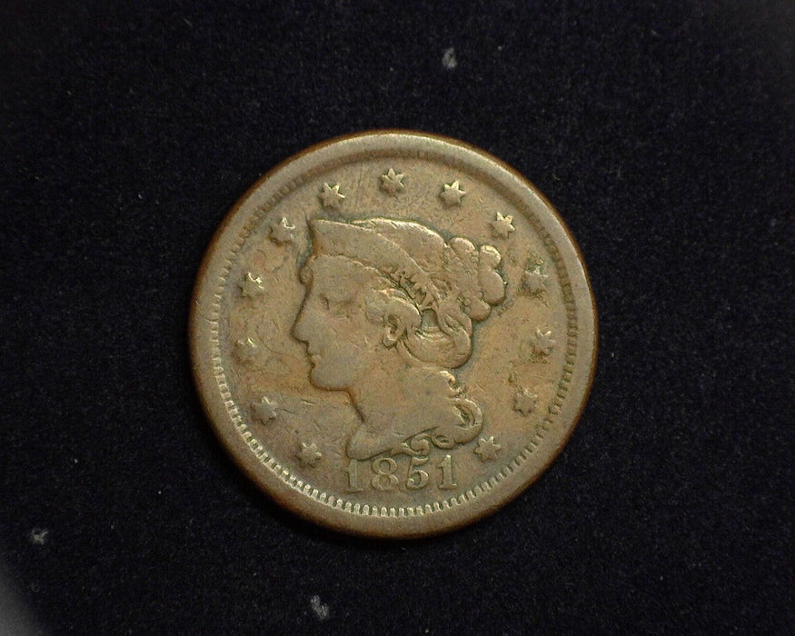 1851 Large Cent Braided Hair Cent F - US Coin