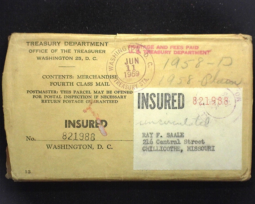 1958 Mint set Mint set in the original envelope as mailed from the U.S. Mint with envelope and cardboards. Double coins from both mints. Beautifully toned.