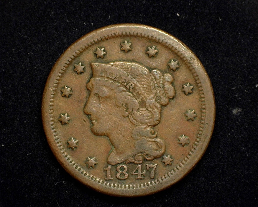 1847 Large Cent Braided Hair Cent F - US Coin