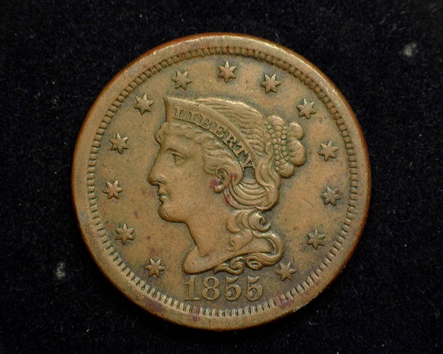 1855 Large Cent Braided Hair Cent XF Upright - US Coin