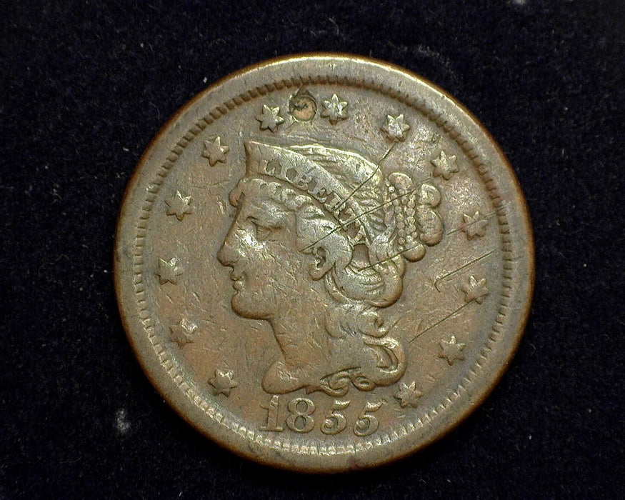 1855 Large Cent Braided Hair Cent F Slanted 55 Scratched - US Coin