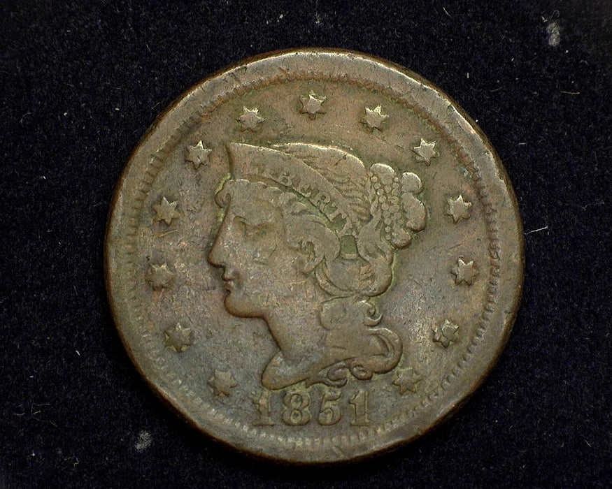 1851 Large Cent Braided Hair Cent F - US Coin