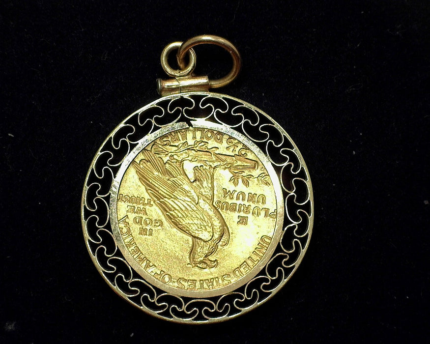 1925 D Enameled 2.50 Gold piece in 14K ribbon candy bezel. Nice