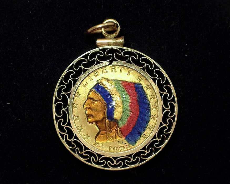 1925 D Enameled 2.50 Gold piece in 14K ribbon candy bezel. Nice