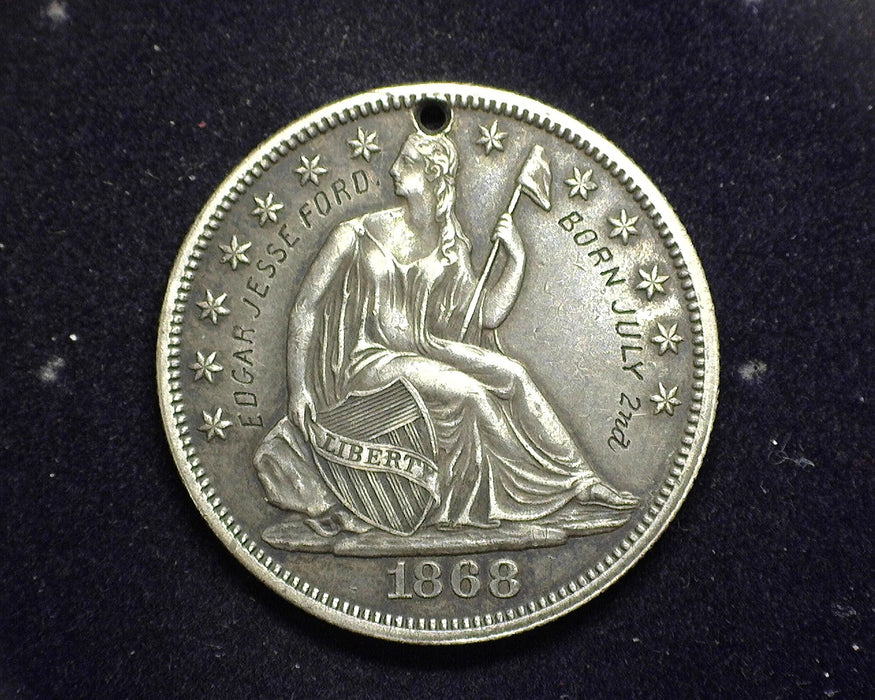 1868 Liberty Seated Half Dollar Interesting XF graded with hole inscribed Edgar Jesse Ford Born July 2nd (1868) - US Coin