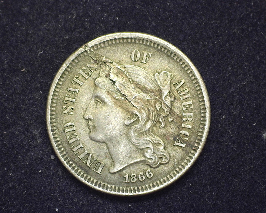 1866 Three Cent Nickel XF Delaminating Planchet - US Coin