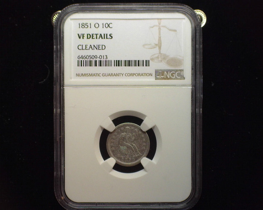 1851 O Liberty Seated Dime NGC VF Details Cleaned - US Coin