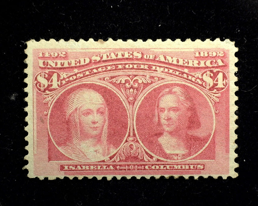 #244 Mint 4 Dollar Columbian Regummed over single perf thin. Desirable crimson lake shade.  F US Stamp