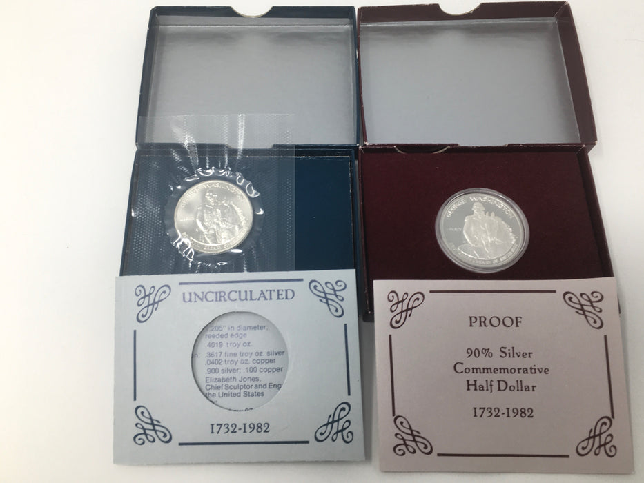 1982 S Proof & 1982 D Uncirculated Washington 90% Silver Half Dollars US Mint Commemorative Coins - US Coin