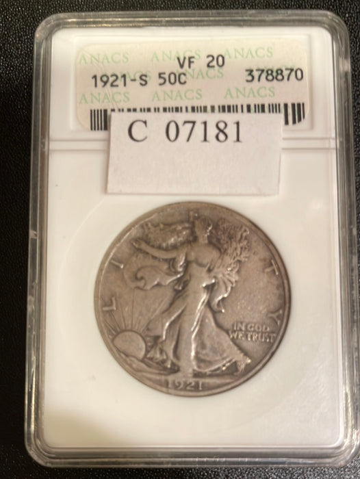 1921 S Walking Liberty Half Dollar ANACS VF 20 - US Coin