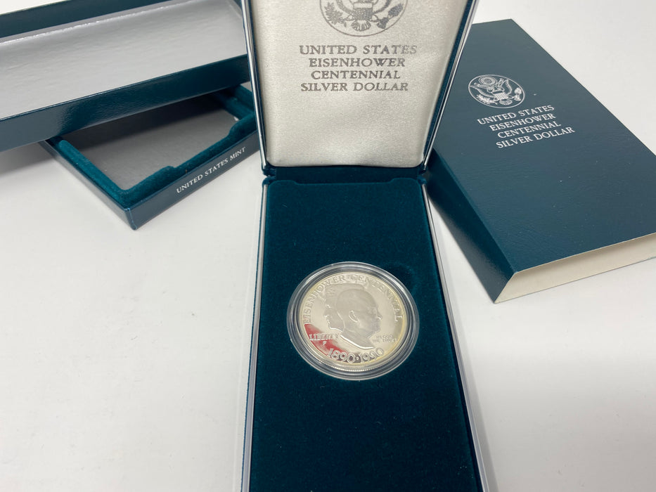 1990 P US Mint Eisenhower Centennial Silver Dollar with Box & COA - US Coin