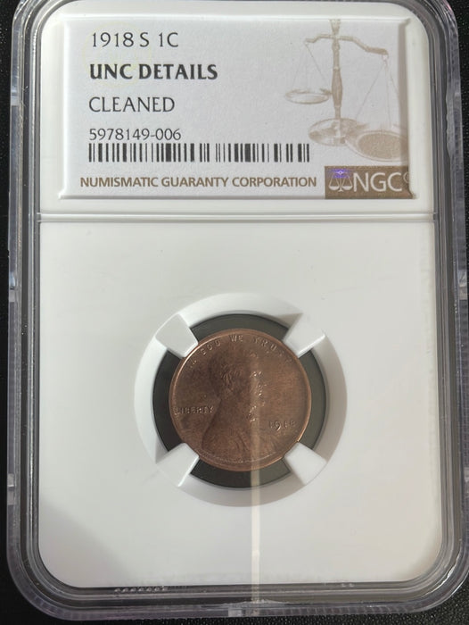 1918 S Lincoln Wheat Penny/Cent NGC UNC Details Cleaned - US Coin