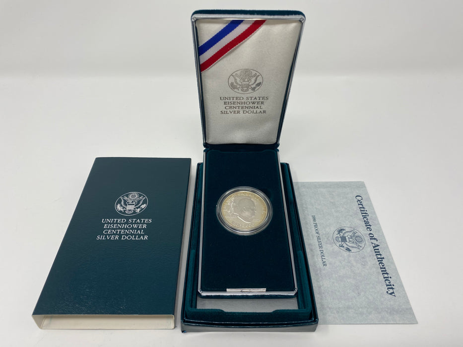 1990 P US Eisenhower Centennial Proof Silver Dollar with Box & US Mint COA - US Coin