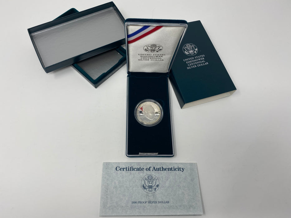 1990 P US Mint Eisenhower Centennial Silver Dollar with Box & COA - US Coin