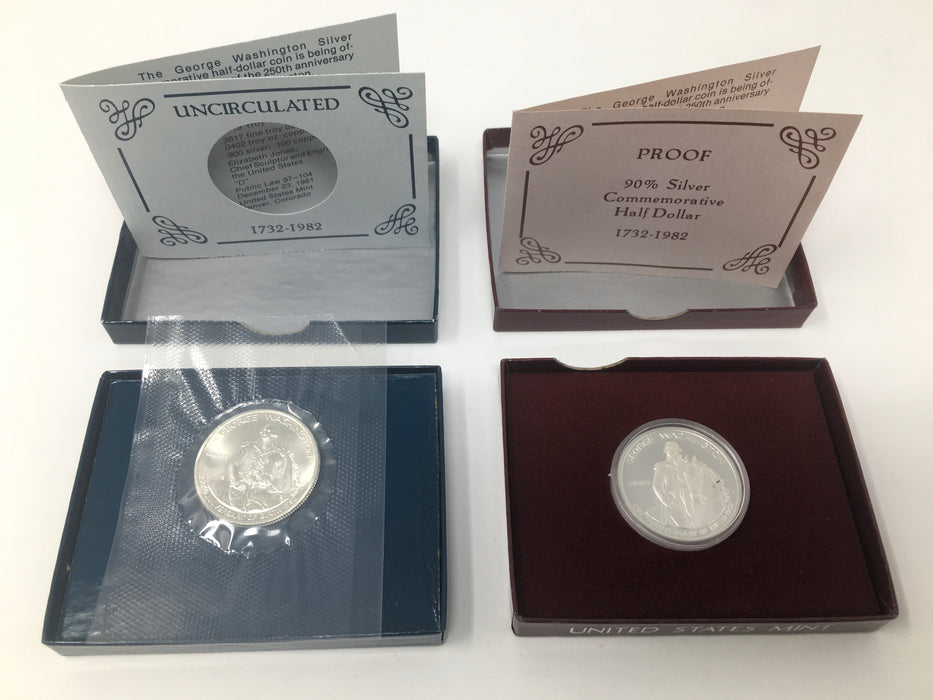 1982 S Proof & 1982 D Uncirculated Washington 90% Silver Half Dollars US Mint Commemorative Coins - US Coin