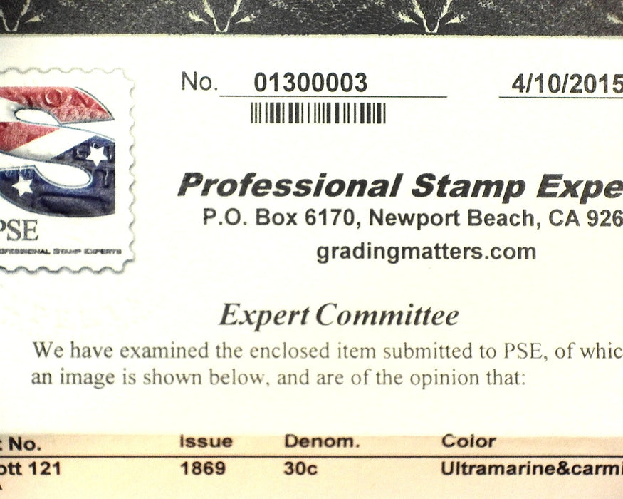 #121 4-15 PSE certificate stating disturbed o.g. which is relatively light. Good color. Mint F/VF H US Stamp