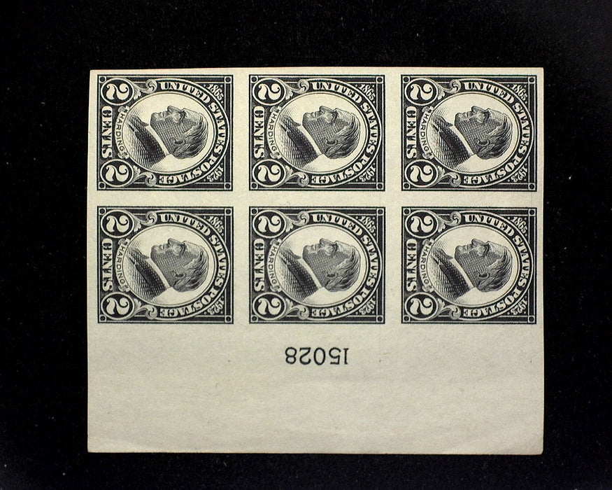 #611 Mint 2 cent Harding imperforate plate block of six, PL 15028. VF H US Stamp