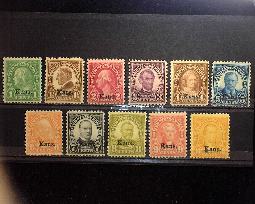 #658-668 MLH 1929 1 cent thru 10 cent Kansas overprints. F US Stamp