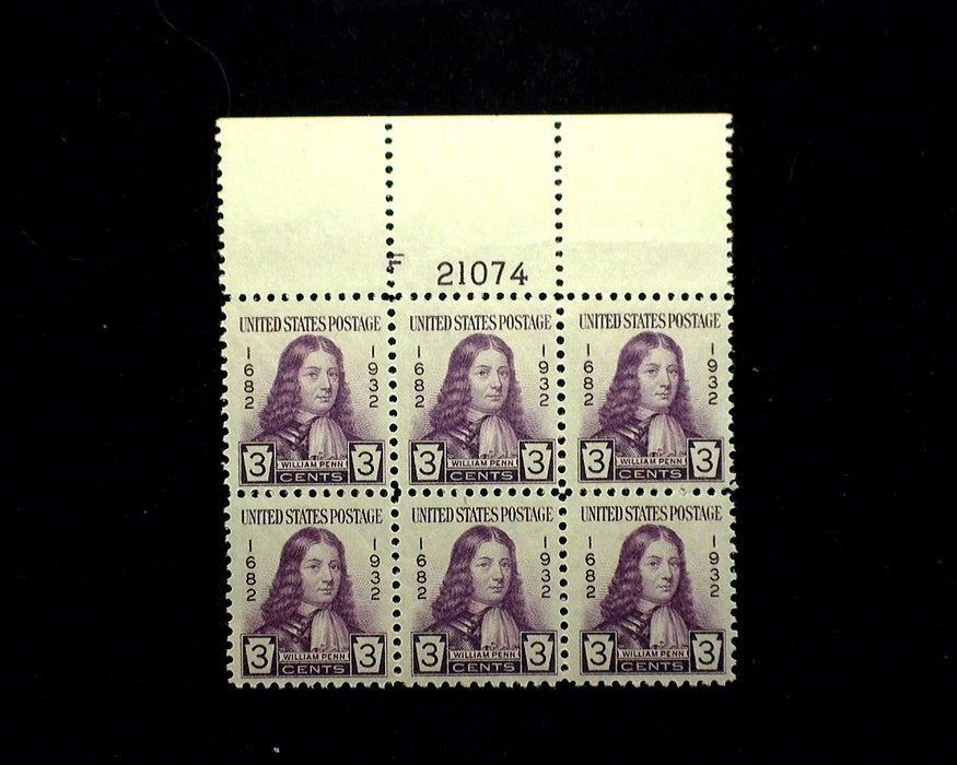 #724 3 Cent Penn Plate Block Full top Mint Vf/Xf NH US Stamp