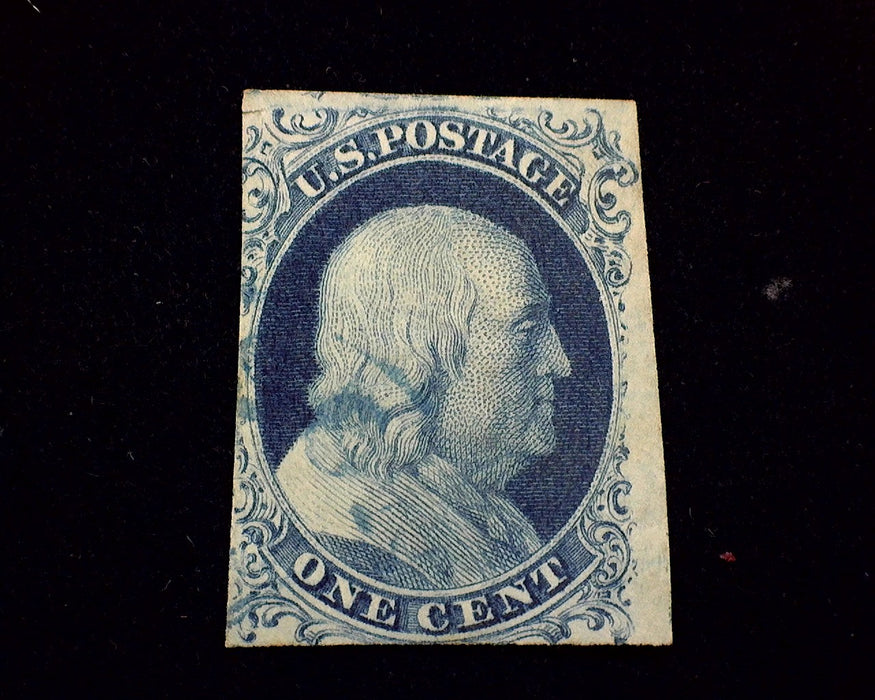 #7 3 margin stamp with very faint Blue Cancel. F Used US Stamp