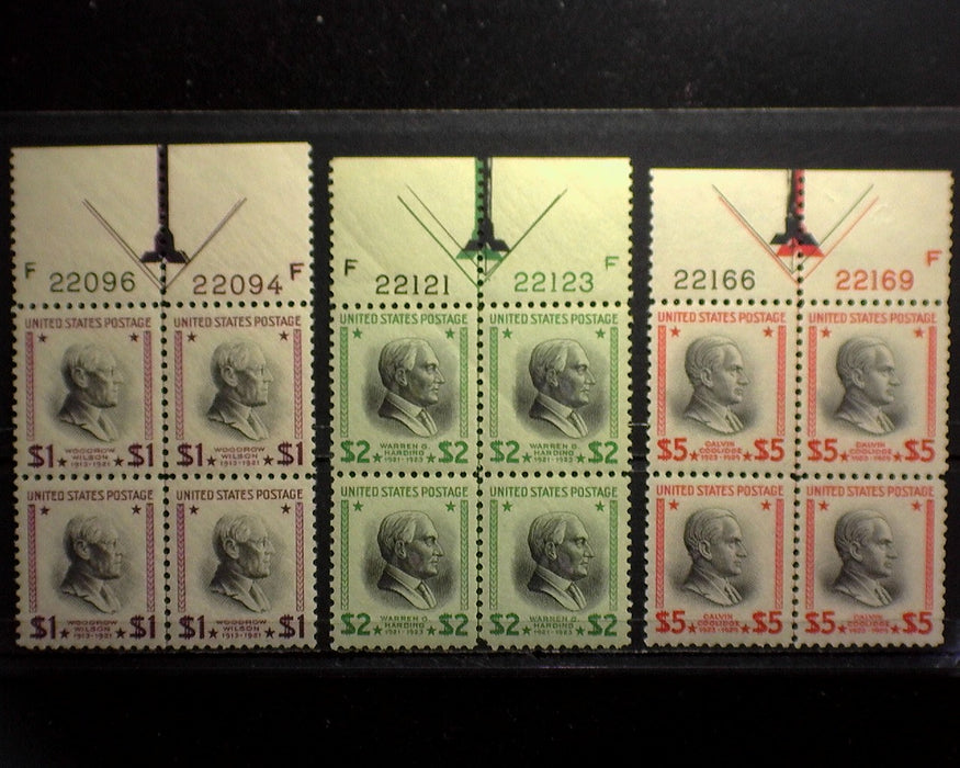 #832-834 $1.00 - $5.00 Prexy plate blocks. Very choice arrow margin plates. XF NH US Stamp