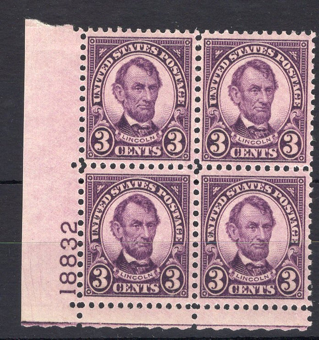 #635 3 Cent Lincoln Plate block #18832 Vf/Xf LH Mint US Stamp