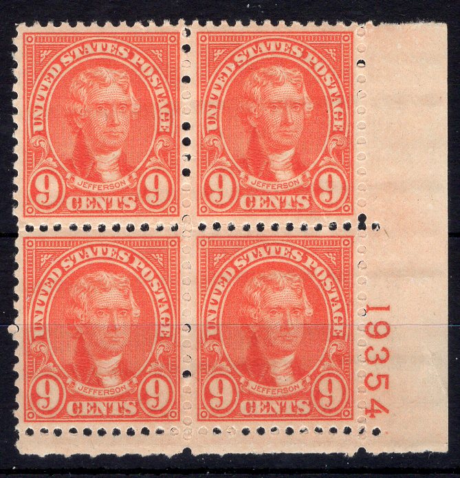 #641 9 Cent Jefferson Plate block #19354 VF NH Mint US Stamp