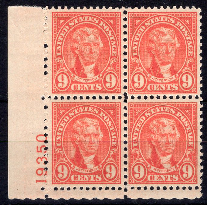 #641 9 Cent Jefferson Plate block #19350 Vf/Xf LH Mint US Stamp