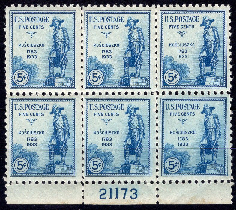 #734 5 cent Kosciuszko Plate block #21173 Weak perfs XF NH Mint US Stamp