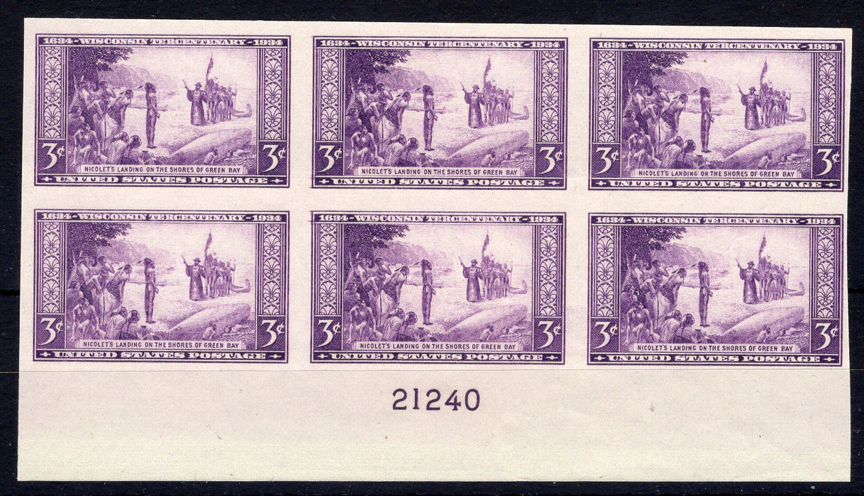 #755 3 cent Wisconsin Imperforate Plate block #21240 VF Mint US Stamp