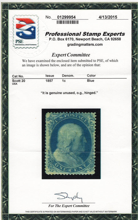 #20 Fresh rich color stamp. Deep color. 4-15 PSE Cert F/Vf MLH US Stamp