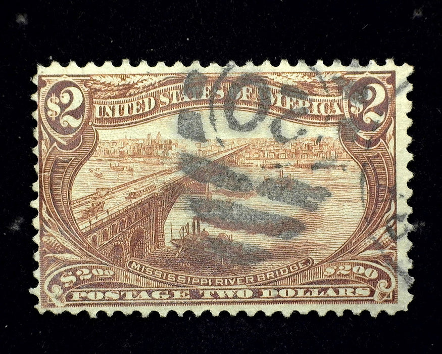 #293 Used 2 Dollar Trans Mississippi Minute sealed perf tear at left. Good color. F US Stamp