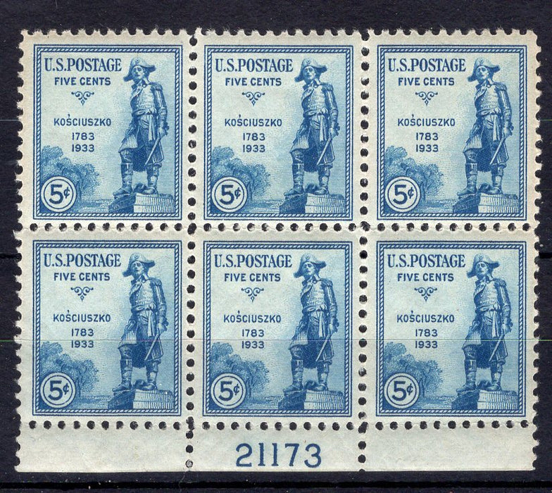 #734 5 cent Kosciuszko plate block. PL#21173 F/VF NH Mint US Stamp