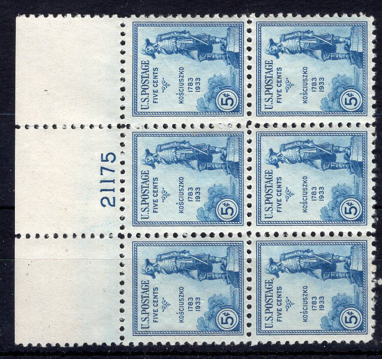 #734 5 cent Kosciuszko. PL#21175 Choice full top plate block. XF NH Mint US Stamp