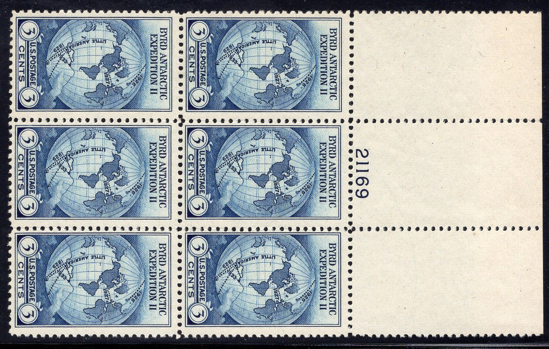 #753 3 cent Byrd plate block. PL#21169 VF No gum as issued. Full top. Mint US Stamp